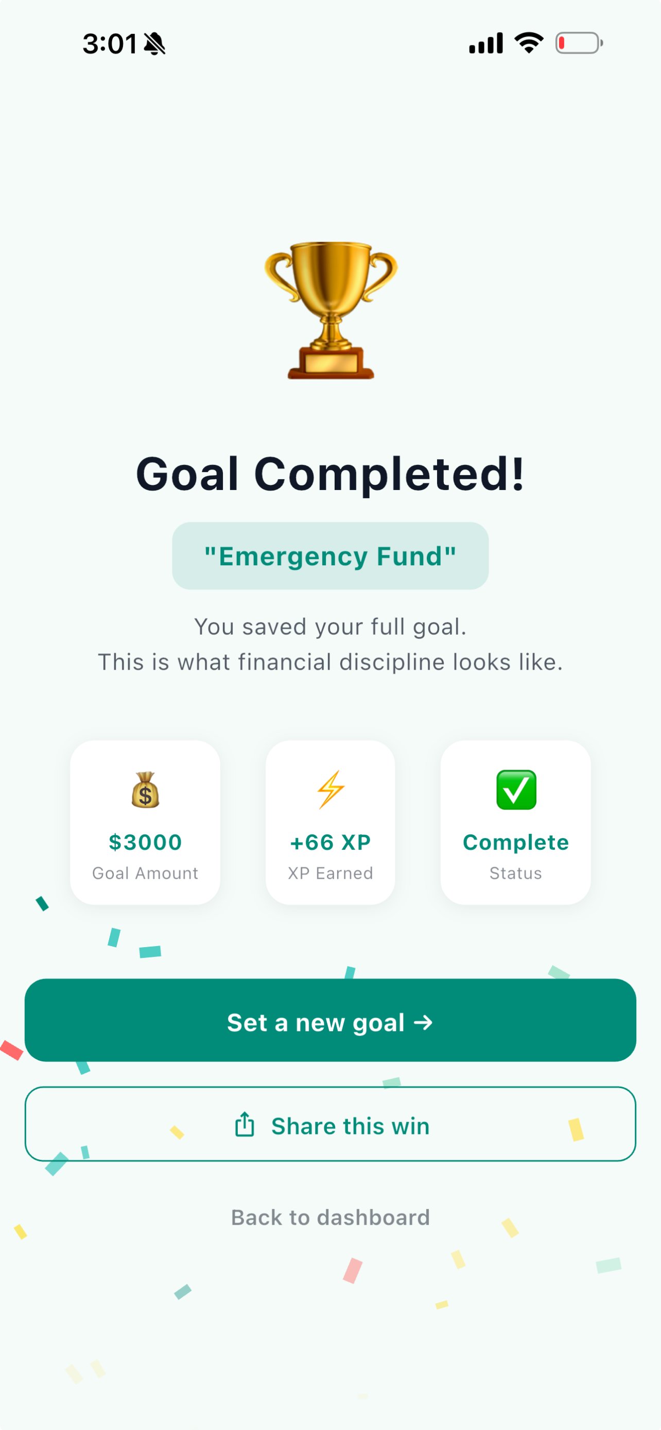 Goal Completed celebration with confetti, XP earned, and share button
