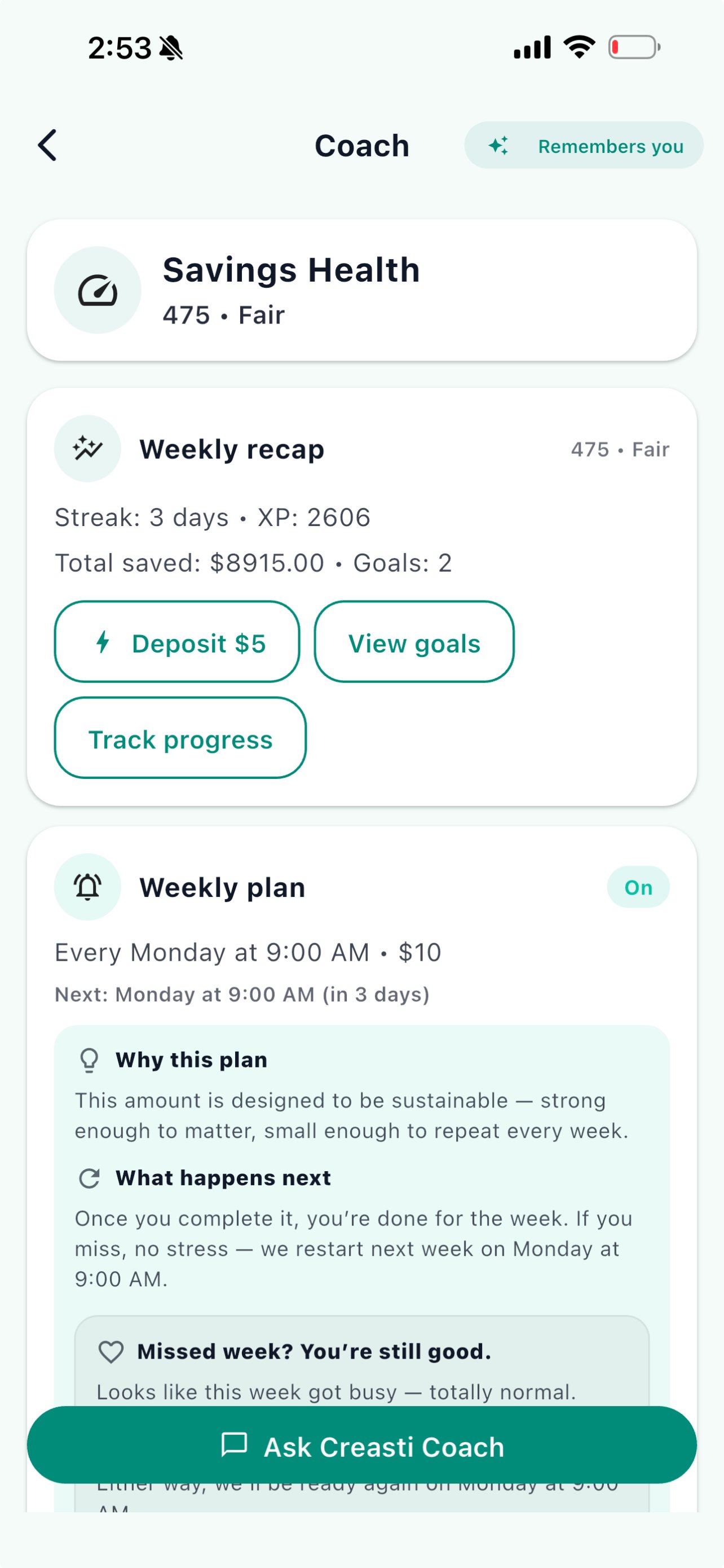 AI Coach with weekly recap, deposit actions, and weekly savings plan