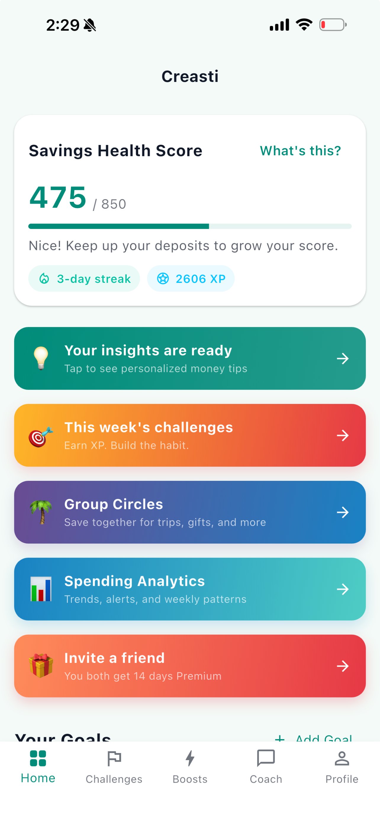 Creasti Dashboard — Savings Health Score, streaks, and feature cards