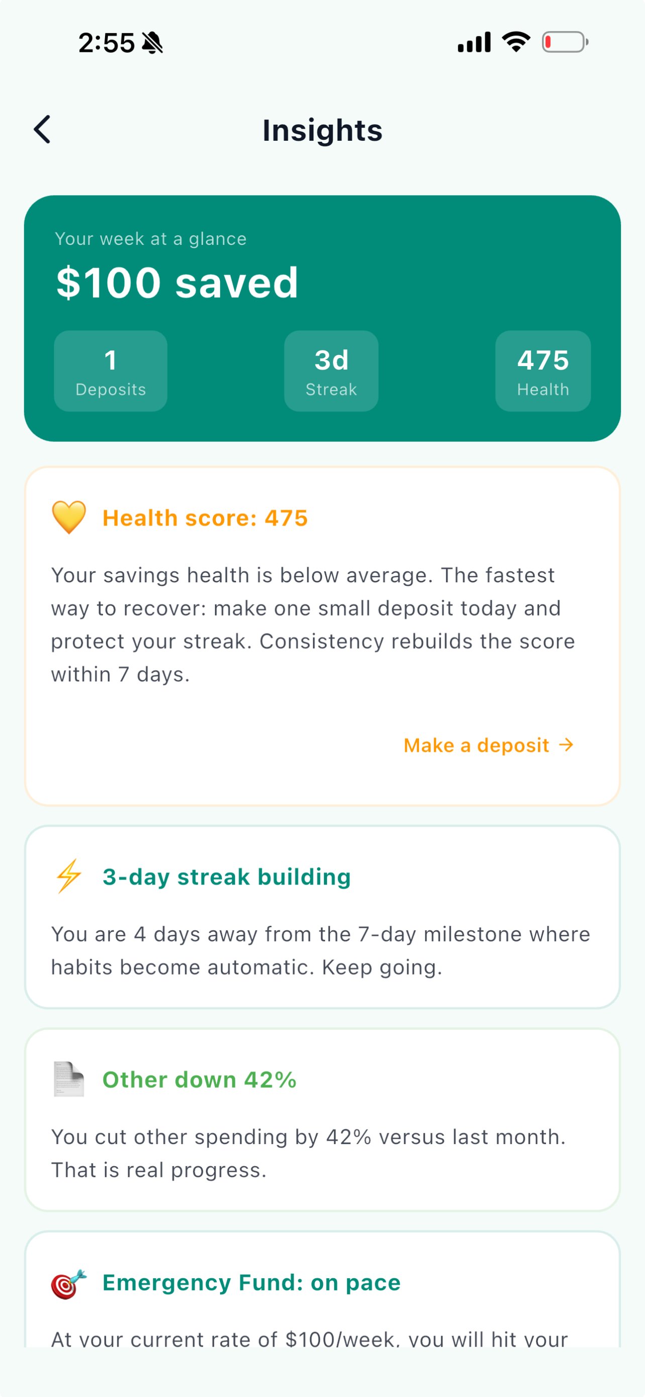 Insights screen with health score, streak progress, and spending analysis